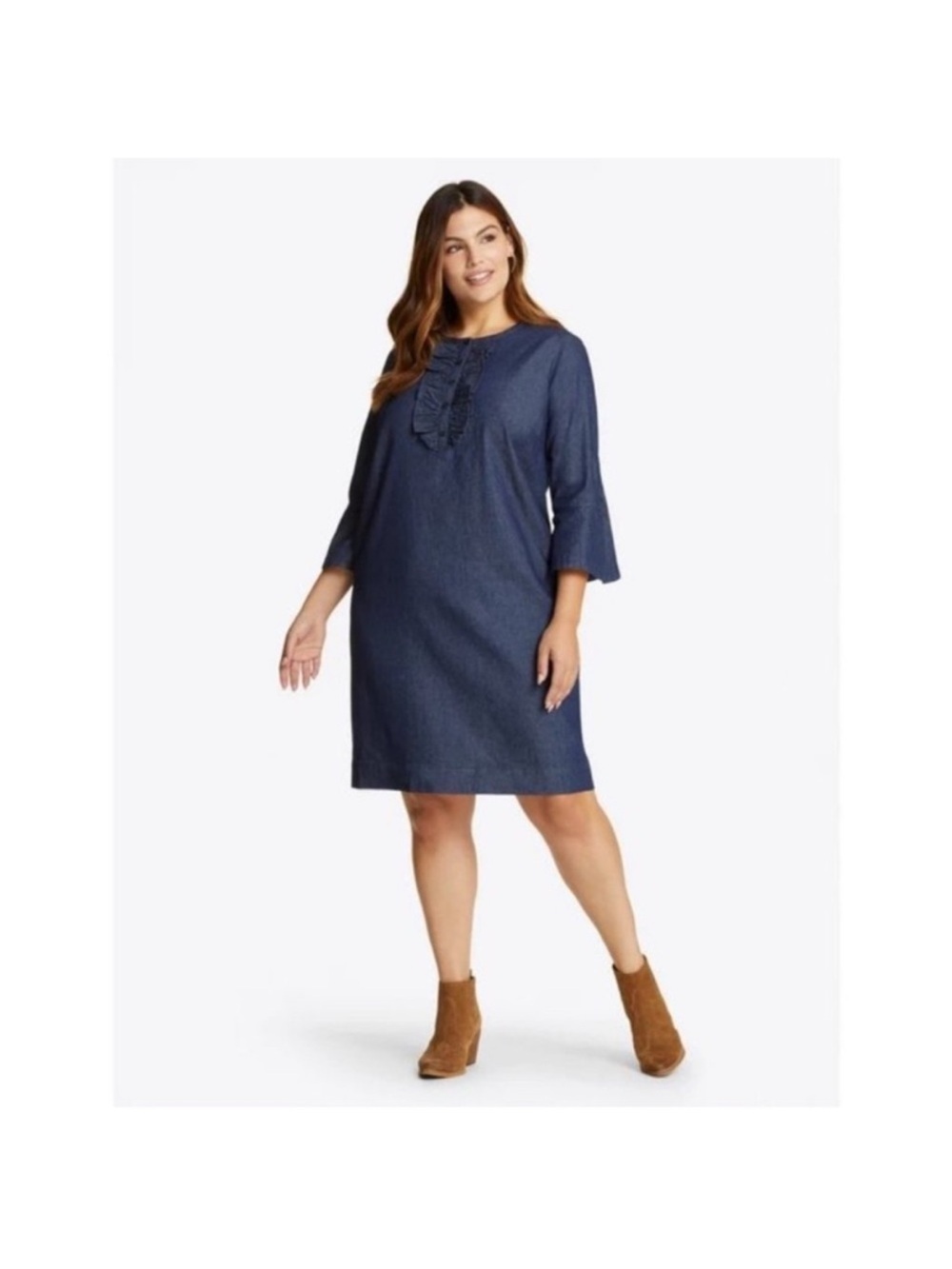 Draper James Navy Ruffle-Front Denim Tunic Dress